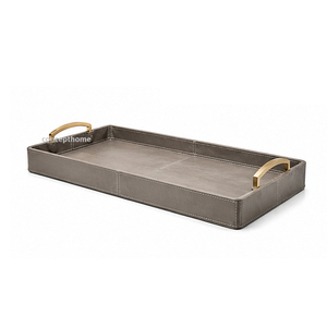 Bandeja Rectangular de Cuero Gris con Asas Doradas, Acabado en Cuero de Color Sólido, Grado Comercial, Apta para Lavavajillas, Impermeable - Product Image 1