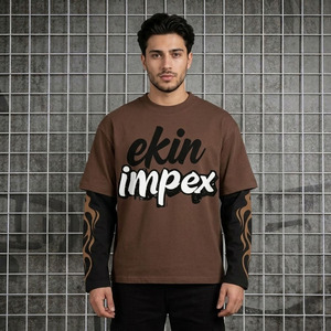 Men Oversized Long Sleeve T-<b>Shirt</b> Streetwear <b>Flame</b> Patchwork Sleeve Brown Black Hip Hop Baggy Heavyweight Cotton Tee 2027 - Product Image 3