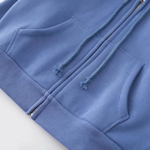 Sweat à capuche court bleu unisexe à fermeture éclair, coupe classique, couleur unie, avec poche, en molleton bouclette, décontracté, pour l'automne - Product Image 4