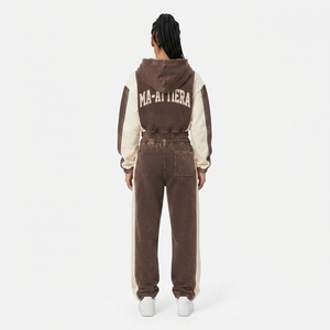 Conjunto de Sudadera Corta con Cremallera y Pantalones Anchos para Mujer, Color Marrón Crema con Bloques de Color, Ropa Deportiva Casual - Product Image 2