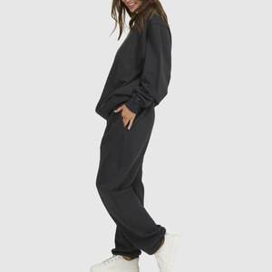 Conjunto Deportivo de Sudadera y Pantalones Extra Grandes para Mujer, Color Negro, Cuello Redondo, Manga Larga, Corte Holgado, Color Sólido, Ropa Casual de Otoño con Si - Product Image 2