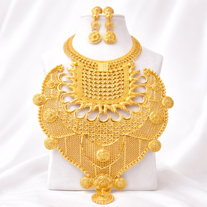 Long African Gold Plated Necklace and Earring <b>Set</b> with Pear Shaped Intricate Design for Wedding Occasions - Product Image 6