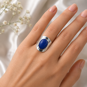 Anillo de Lapislázuli Natural, Chapado en Oro Amarillo y Rosa, Plata 925, Banda Ancha, Hecho a Mano, Gema Ovalada, Joyería Unisex para Ella - Product Image 2