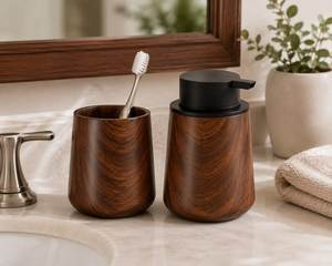 Wooden Bathroom Set With Resin Cap Two-Piece Round Minimalist <b>Toothbrush</b> <b>Holder</b> And Soap Dispenser For Modern Bath Decor Set - Product Image 1