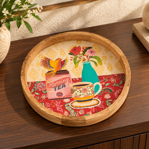 Round Wood Enamel Serving <b>Tray</b> Decorative Illustrated BaseModern Dining Coffee Table Home <b>Decor</b> | Versatile Display Serving <b>Tray</b> - Product Image 3