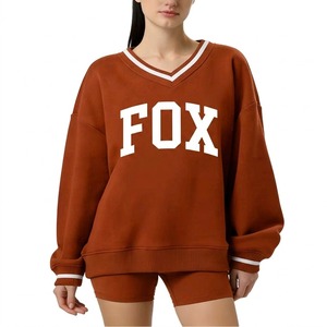 Sweat-shirt en coton pour femme, coupe oversize, col en V, épaules tombantes, avec imprimé lettres Fox et sequins sur le devant, pour tenue décontractée d'automne - Product Image 1