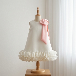 Robe TutuPetti blanche en gros, coupe trapèze avec grand nœud rose et ourlet à volants, robe de boutique pour filles, OEM, haute qualité du Vietnam - Product Image 2