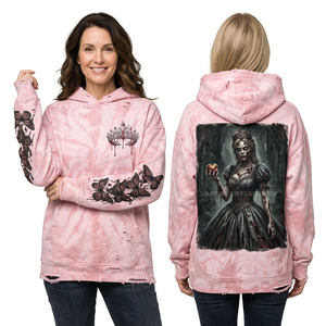 Sweat-shirt à capuche pour femme personnalisé, rose marbré délavé, avec motif graphique Frostbite Zombie et imprimé flocon de neige en strass sur les manches, collection hiver - Product Image 5