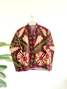 Chaqueta Bomber Bohemia de Terciopelo Tejido con Bordado Floral, Cuello Mandarín, Manga Larga, Estilo Otoñal para Mujer, de Algodón - Product Image 1