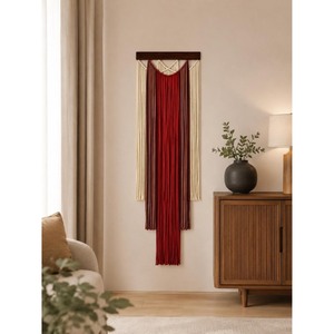 Décoration murale rectangulaire pour salon, pièce unique, macramé bohème, rayures verticales rouge et crème - Product Image 3