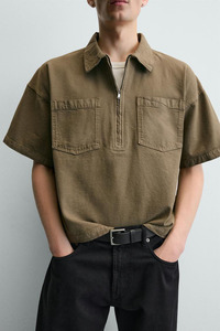 Polo Homme Demi-Zip Marron Olive de Haute Qualité, Style Utilitaire, Couleur Unie, Dernier Cri, en Toile avec Poches, Conception OEM - Product Image 6