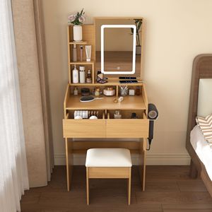 "Compact <b>Makeup</b> Vanity Table with LED <b>Mirror</b> Power Outlet Hairdryer Holder & Stool for Small Bedrooms" - Product Image 2