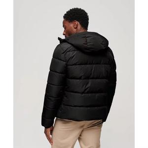 Chaqueta Acolchada Negra con Capucha para Hombre, Cierre Frontal con Cremallera, Color Sólido, Resistente al Viento, Relleno de Poliéster, para Otoño - Product Image 3