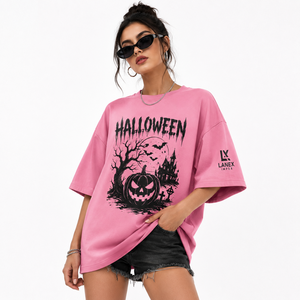 Custom <b>Women</b> <b>Halloween</b> Graphic <b>T</b> <b>Shirt</b> Pink Cotton Tee Scary Pumpkin Bat Print Short Sleeve Oversized Casual Streetwear Clothing - Product Image 1
