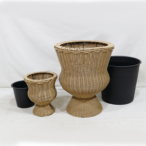 Minimalist Hand Carved <b>Plastic</b> Wicker Urn Planter Durable Waterproof Eco-Friendly Garden Flower Pot with Base - Product Image 2