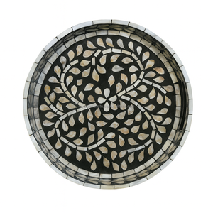 Plateau de service en incrustation d'os fait à la main avec un design unique, plateau rectangulaire en nacre, travail artisanal exclusif en Inde, avec poignées - Product Image 5