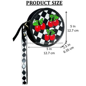 Western Cherry Round Coin Purse Checkered Wristlet for Women Handmade <b>Tooled</b> <b>Leather</b> Zipper Wallet Cute Checkerboard <b>Pouch</b> Bag - Product Image 2
