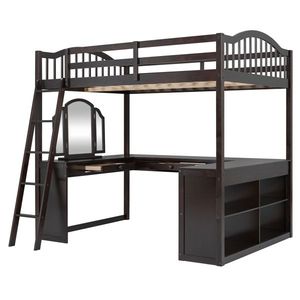 Espresso U-Shaped Wooden Loft Bed with Storage Compartments and Tri-Fold Mirror Full Size Desk Included - Product Image 5