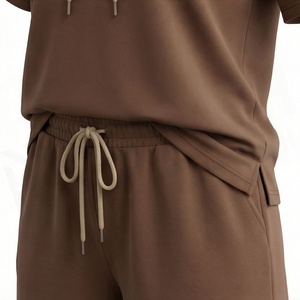 Conjunto de 2 Piezas para Mujer, Sudadera con Capucha de Manga Corta y Pantalones Cortos, Color Sólido, Estilo Casual, Holgado, por Encima de la Rodilla, Tejido de Algodón - Product Image 5