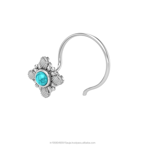 Indian Mores 925 Sterling Silver Round Shape Turquoise Cup Setting <b>Nose</b> Pin <b>Stud</b> for Women Girls - Product Image 2