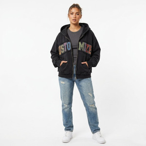 Sudadera con capucha y cremallera personalizada con pedrería para hombre, oversize, negra, de felpa francesa, con diseño de letras frontales, para otoño - Product Image 4