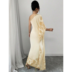 ชุดเดรสคาฟตันปักลายไหล่เดียว ทรงเดรปแบบไหล่เดียว คอเสื้อไม่สมมาตร ตัดเย็บแบบไหล่เดียวอย่างเรียบง่าย - Product Image 2