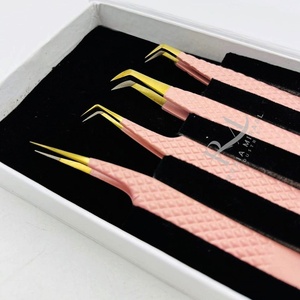 Pinzas para extensión de pestañas con punta de plasma dorada / color melocotón recubierto en polvo, 4 puntas de fibra diferentes / Empaque en caja blanca - Product Image 2
