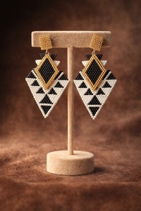 Black White Gold Tone Beaded Drop <b>Earrings</b> Geometric Triangle <b>Dangle</b> Jewelry Bohemian Style for Women - Product Image 2