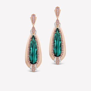 Boucles d'oreilles pendantes en or rose plaqué avec pierre verte taille émeraude, bijoux de luxe pour femme, forme goutte d'eau, sertissage griffe - Product Image 1