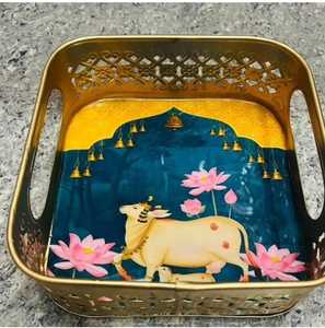 Handcrafted Kamdhenu Cow Decorative Serving Tray Traditional Pooja Tray Lotus Theme Metal Basket Ethnic Festive Organizer - Product Image 3