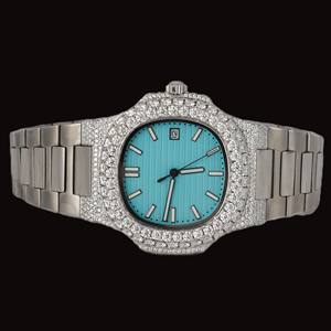 Reloj de Pulsera Personalizado para Hombre con Esfera Azul Cielo, Diamantes Moissanite, Acero Inoxidable, Movimiento de Cuarzo, Bisel Cuadrado y Cristal - Product Image 1