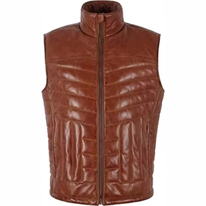 Chaleco Acolchado de Cuero Genuino Marrón para Hombre Tony Brown, Cuello Alto, Cierre de Cremallera, Transpirable, Resistente al Viento, Ropa de Abrigo Informal para Otoño - Product Image 1