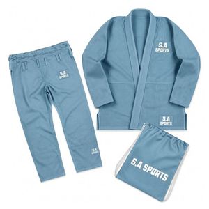Kimono de BJJ en micro-tissu bleu ardoise pastel ultra-léger, lavé, avec étiquette de marque personnalisée sur le devant, pour l'école et l'entraînement - Product Image 1