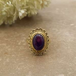 Vintage Amethyst <b>Statement</b> <b>Ring</b> 14K Gold Plated Brass Filigree Scalloped Boho Ethnic Unisex Jewelry - Product Image 1