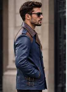 <b>Men's</b> navy blue brown buckle Leather <b>Jacket</b> turn down Collar With Button Closure - Product Image 6