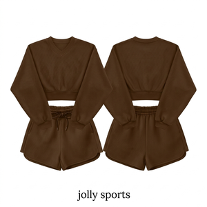 Ensemble sweat-shirt et short en molleton de coton de haute qualité à épaules tombantes avec impression en relief personnalisée pour femme - Product Image 4
