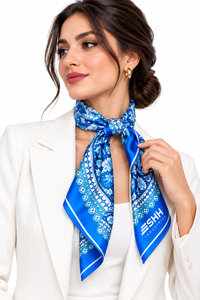 Women’s Blue Printed Satin <b>Scarf</b> Floral Paisley Pattern <b>Silk</b> Feel Square Neck Wrap Lightweight Fashion Accessory Custom Logo - Product Image 3