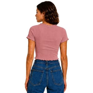 Top Corto Acanalado Rosa Polvoriento para Mujer, Manga Corta, Cuello Redondo con Volantes, Algodón y Spandex, Ajuste Delgado, Camiseta Casual de Verano, OEM Personalizado - Product Image 2