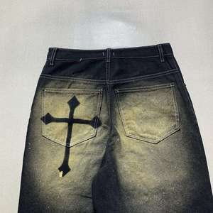 Straight Vintage Cotton Men's Jeans Distressed High-Waist Button-Closure Vintage Washed Baggy Straight <b>Flared</b> Spray on Embroider - Product Image 4