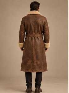 <b>Men's</b> Brown Genuine <b>Leather</b> Long <b>Coat</b> With Fur Lining <b>Trench</b> <b>Coat</b> - Product Image 3
