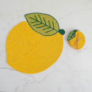 Juego de Manteles Individuales con Cuentas, Diseño de Hojas Verdes sobre Fondo Amarillo, Manteles Individuales con Cuentas de Limón, Precio al por Mayor - Product Image 1