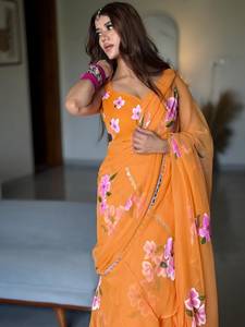 Sari indien en faux georgette à imprimé floral avec impression numérique et entièrement cousu, léger, pour femmes, élégant, drapé, pour les occasions de fête - Product Image 1