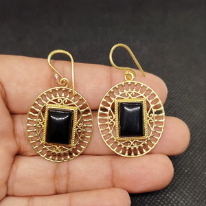 Handcrafted Gold Plated Brass Black Onyx Peacock Drop Earrings | Trendy Women's Wedding - Product Image 1