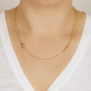 Collar de Cadena de Rosario Clásico Chapado en Oro de 14K y Plata de Ley 925 con Colgante de Cruz y Virgen María, Regalo Religioso para Mujeres y Niñas - Product Image 2
