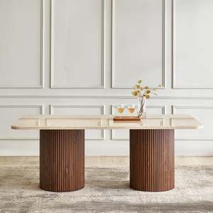 Modern Wooden Rectangle Dining Table Antique Legs Minimalist Design Stable <b>Marble</b> <b>Top</b> 6 Seater Madera Finekraft DTB034 - Product Image 1