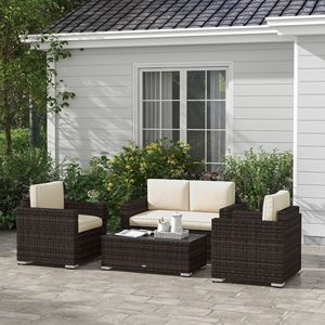 Set Divano in Rattan Khaki a 4 Pezzi con Poltrone, Tavolino da Caffè con Piano in Vetro, Struttura in Alluminio, Mobili da Giardino in Vimini per Esterni - Product Image 2
