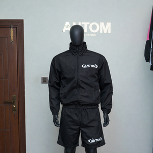 Survêtement court en nylon personnalisé pour homme, veste zippée et ensemble en polyester, respirant, coupe-vent, logo brodé. - Product Image 2