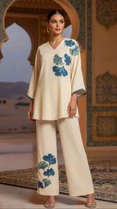 Women Embroidered Woven Sweet Natural Casual <b>Dress</b> Set Long Sleeve Open Front <b>Top</b> and Trousers Autumn Outfit - Product Image 1