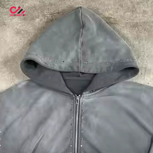 CARE MASTER Survêtement à capuche effet délavé, fermeture éclair intégrale, strass, streetwear, coupe ample, pour l'automne, couleur unie, taille adulte - Product Image 4