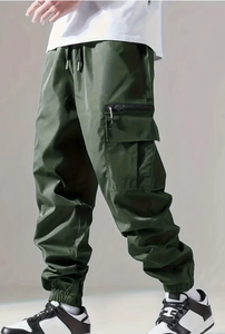 Pantalon cargo vert pour homme, taille élastique, plusieurs poches, fermeture à cordon, respirant, poids moyen, polyester, style décontracté urbain - Product Image 5